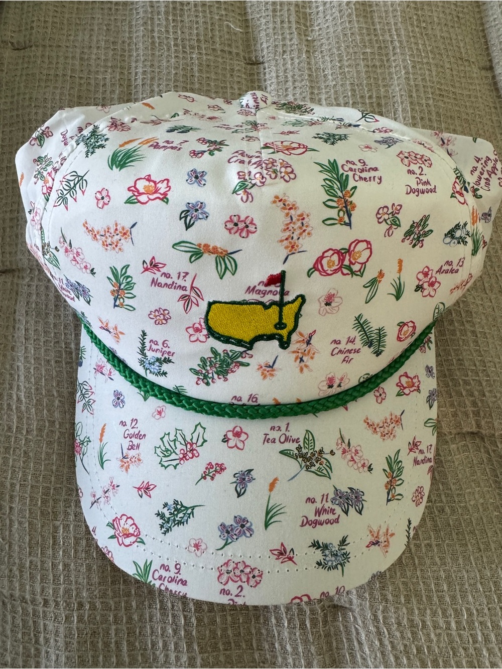 Masters Floral Print Rope-Trim Cap in White with Green and Yellow